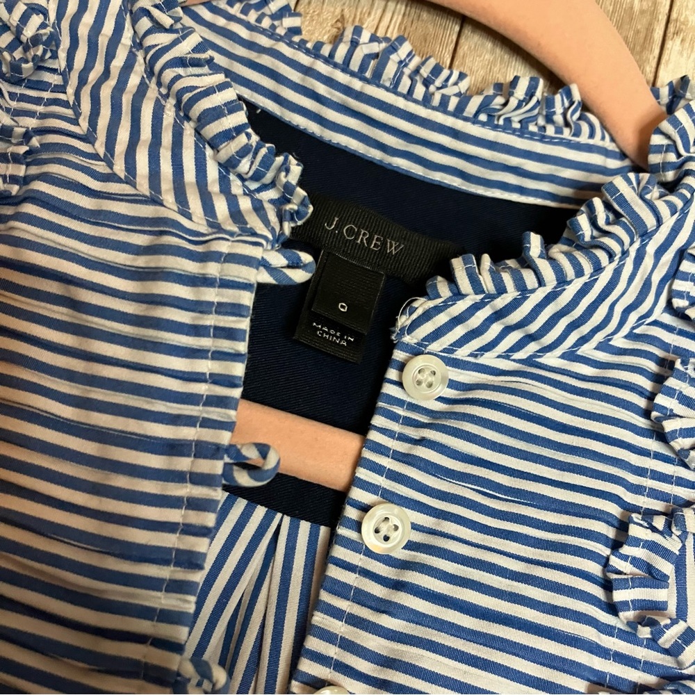 J. Crew Striped Blouse Size 0 Blue, Navy, and White with Button Front and Ruffle - Picture 2 of 3